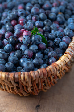 fresh blueberries in a basket on wooden surface