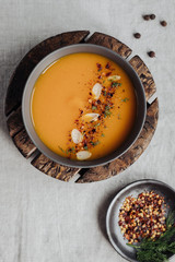 Vegan Pumpkin Soup on a Linen Tablecloth