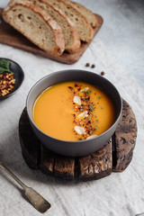 Vegan Pumpkin Soup on a Linen Tablecloth