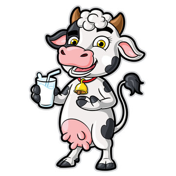 Cow Cartoon Character Holding a Glass of Milk