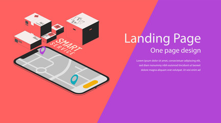 Isometric vector illustration of a smartphone and map. Smart service. Boxes and tags for app concept background. Website template for online delivery and transportation.