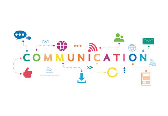 Vector illustration of a communication concept. The word communication with colorful dialog speech bubbles