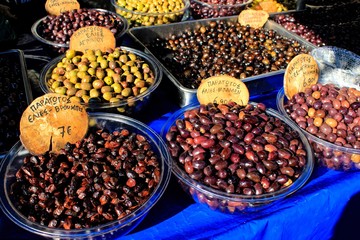 Stall with Greek olives at street market