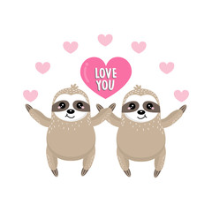 Happy Valentine's day greeting card with couple sloth and heart. 