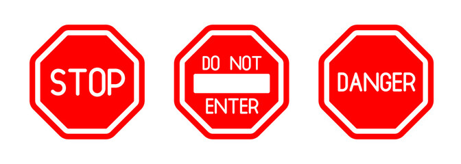 Stop, do not enter and danger roadsign set 