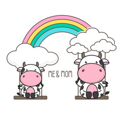 Cow and baby swing on a rainbow. Mother's day card vector illustration. 