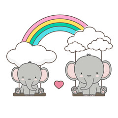 Elephant and baby swing on a rainbow. Mother's day card vector illustration. 