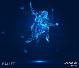 Hologram ballet. Ballerina of polygons, triangles of points and lines. Ballet is a low-poly connection structure. Technology concept.