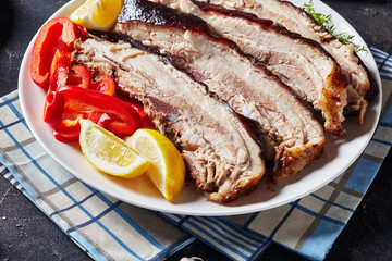 close-up of sliced of jerky pork belly