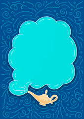 Gold lamp and cloud of smoke in vintage style on blue background. Vector abstract elements. Holiday decoration concept. Glow light effect.