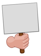 A cartoon hand in a fist holding a blank sign or placard
