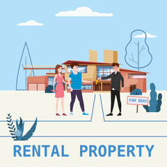 Real estate concept. House rent service. Modern family characters rent new luxury villa or big appartment