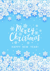 Christmas greeting card with paper snowflakes on blue background for Your holiday design