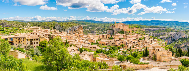 Panoramic view at the Alquezar village with Saint Miachael church and Collegiate church on top in Spain - obrazy, fototapety, plakaty