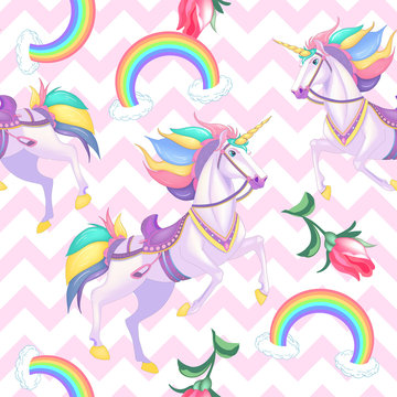 Cute white unicorns with rainbow hair on light pink seamless vector pattern background illustration