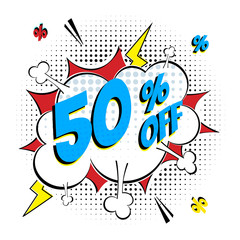 Comic lettering 50 percent off SALE in the speech bubble comic style flat design. Retro vintage pop art illustration isolated on white background. Exclamation sticker or label store or shop.