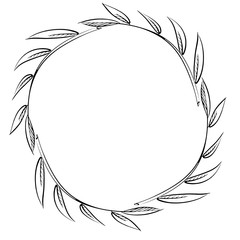 Frame from leaves of mountain ash. Contour black and white illustration. Hand-drawn. Isolated on white background. With space for text or image