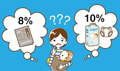 消費税の軽減税率に疑問を抱く若い母親　新聞とオムツ　線画