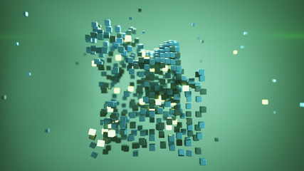 Displaced green cubes abstract 3D render illustration