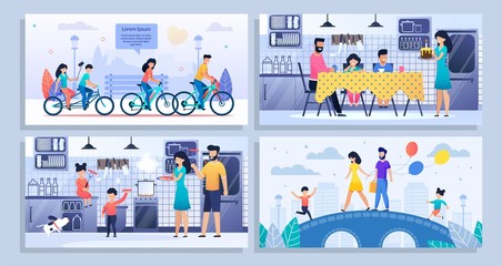 Obraz premium Happy Family Daily Routine Flat Banner Mockup Set