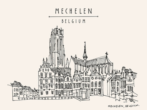 Mechelen, Belgium, Europe.  St. Rumbold's Cathedral on Grote Markt. Hand drawn travel postcard. Travel sketch. Hand drawing of Mechelen. Vintage hand drawn Belgium postcard. Vector illustration