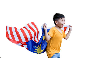happy malaysian kid run around the house carrying malaysia flag
