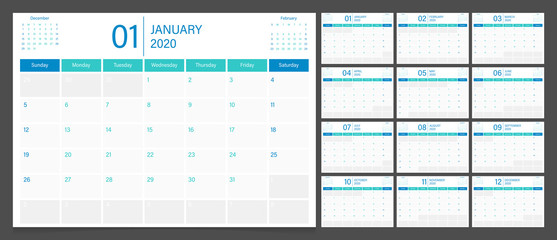 Calendar 2020 week start Sunday corporate design planner template. Calendar planner A4 size.