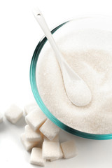 Sugar in glass bowl isolated on white background