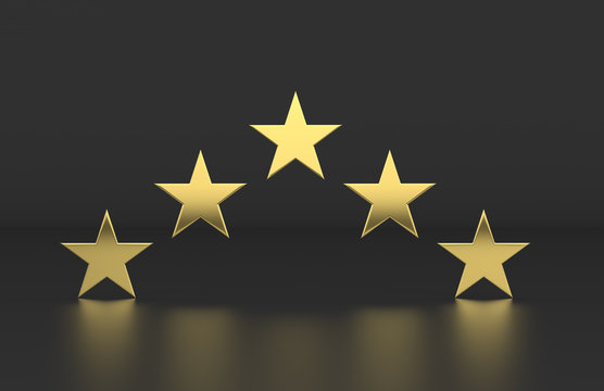 Rating review icon on isolated black background, 5 Star rating symbol, 3d illustration