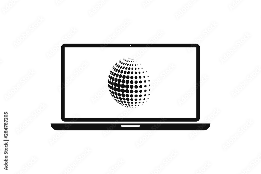 Poster laptop or computer with dlobe on display or screen isolated icon vector. internet technology isolate