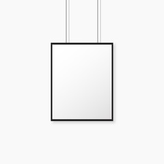 Paper poster with black frame mockup on grey wall with shadow in trendy realistic style. Isolated vector paper banner or poster hanging.