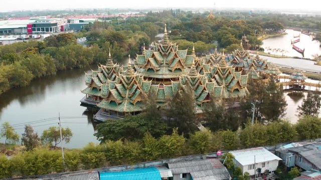 Aerial footage of Ancient City Muang Boran in Bangkok Thailand