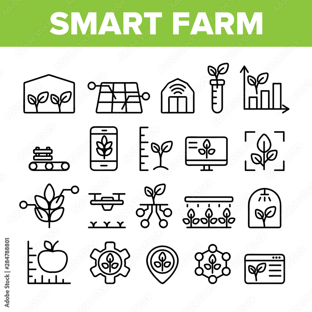 Aufkleber collection smart farm elements icons set vector thin line. innovation electronic technology and wate