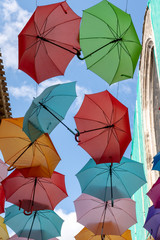 Street decoration colorful umbrellas floating background