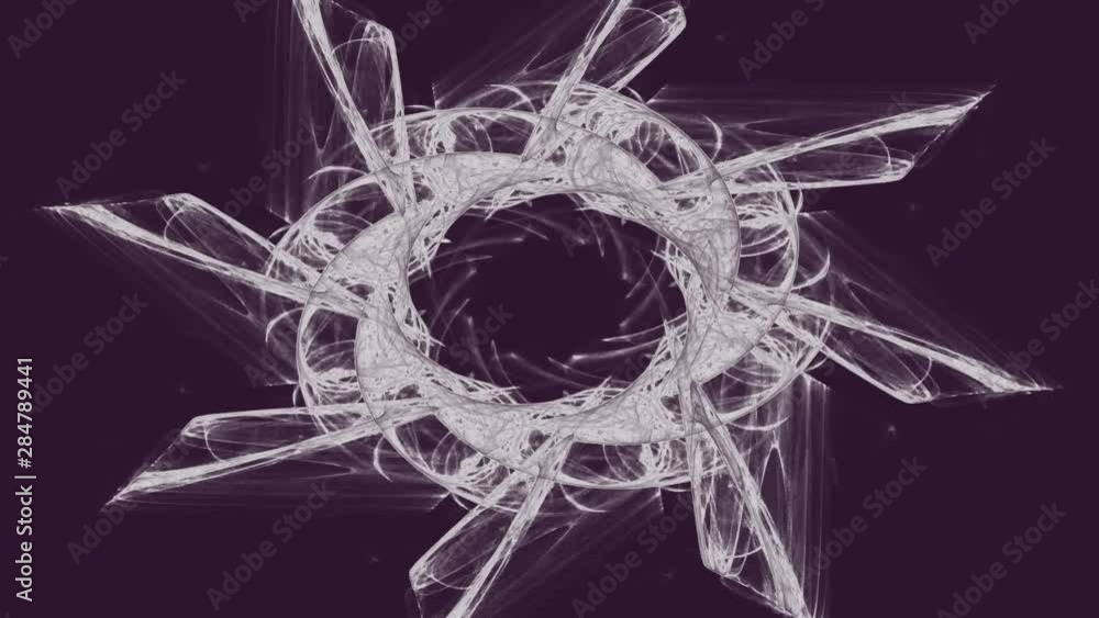 Poster moving through neon winding spiral tunnel made of simple square gates that softly changes color, loo