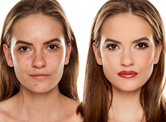 Portrait of young beautiful shirtless woman with no makeup on white backgeound