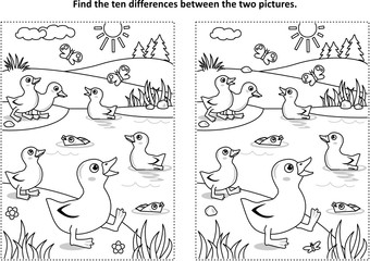 Find the ten differences picture puzzle and coloring page with little playful ducklings on the pond