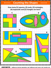 IQ training educational math puzzle for kids and adults with basic shapes - count squares, ovals, rectangles, triangles, trapezoids. Answer included.
