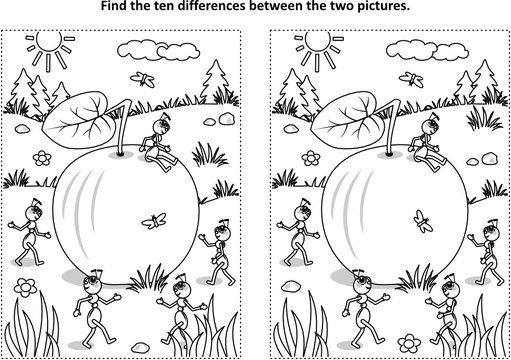 Find the ten differences picture puzzle and coloring page with ripe apple lying on the ground and five busy ants planning what to do with it