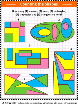 IQ training educational math puzzle for kids and adults with basic shapes - count squares, ovals, rectangles, triangles, trapezoids. Answer included.