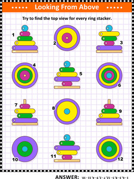 Math visual puzzle or picture riddle with colorful wooden ring stacking toys: Try to find the top view for every ring stacker. Answer included.