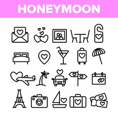 Collection Honeymoon Elements Icons Set Vector Thin Line. Baggage And Photo Camera, Air Plane And Car, Tickets And Letter With Invitation Honeymoon Linear Pictograms. Monochrome Contour Illustrations