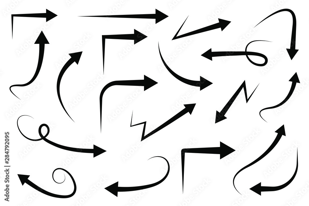 Wall mural set of vector curved arrows hand drawn. collection of pointers.