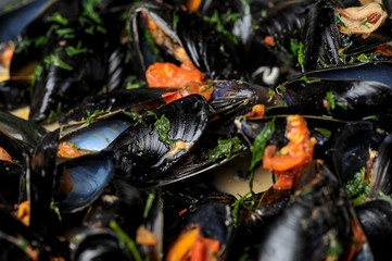 mussels in a bowler close-up