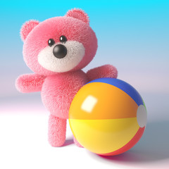 3d teddy bear character with soft pink fur playing with a beach ball, 3d illustration