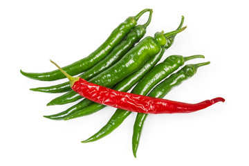 Fresh green and red chili on a white background