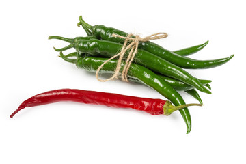 Bundle of green chili and one red chili separately