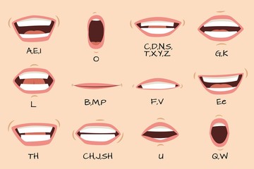 Mouth sync. Talking mouths lips for cartoon character animation and english pronunciation signs. Vector set - obrazy, fototapety, plakaty