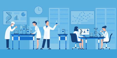 Scientists characters. Chemists in pharmaceutical lab, research with medical equipment. Clinical test with microscope vector concept