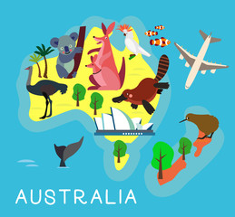 Animal Cartoon Map. Australia for Children and Kids. Vector Illustration.